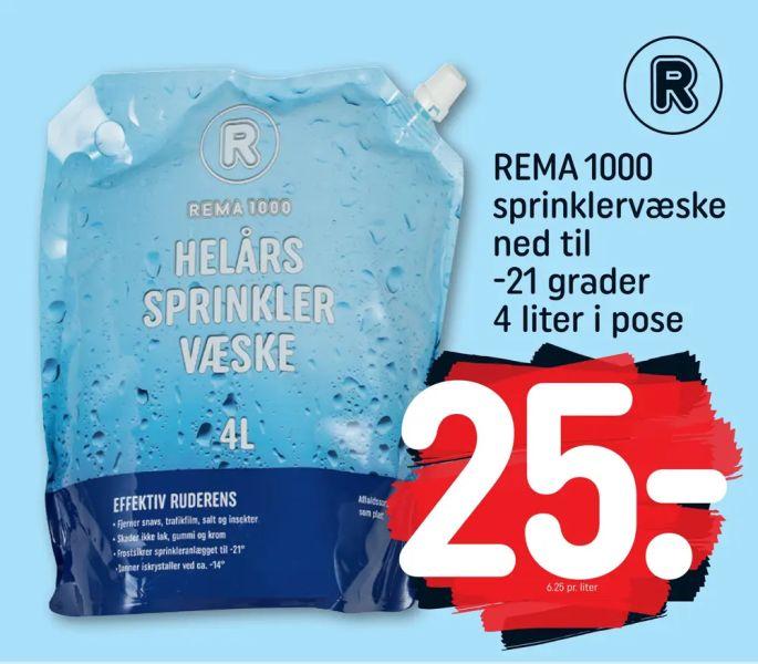 REMA 1000 sprinklervæske ned til -21 grader

4 liter 6,25 pr. liter 