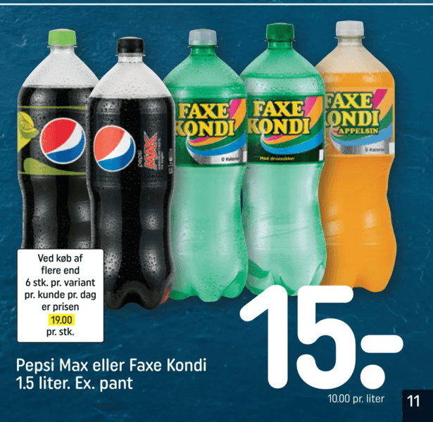 Note: Maks. 6 | 1,5 liter. Ex. pant Ved køb af flere end 6 stk. pr. variant pr. kunde pr. dag er prisen 19,00 