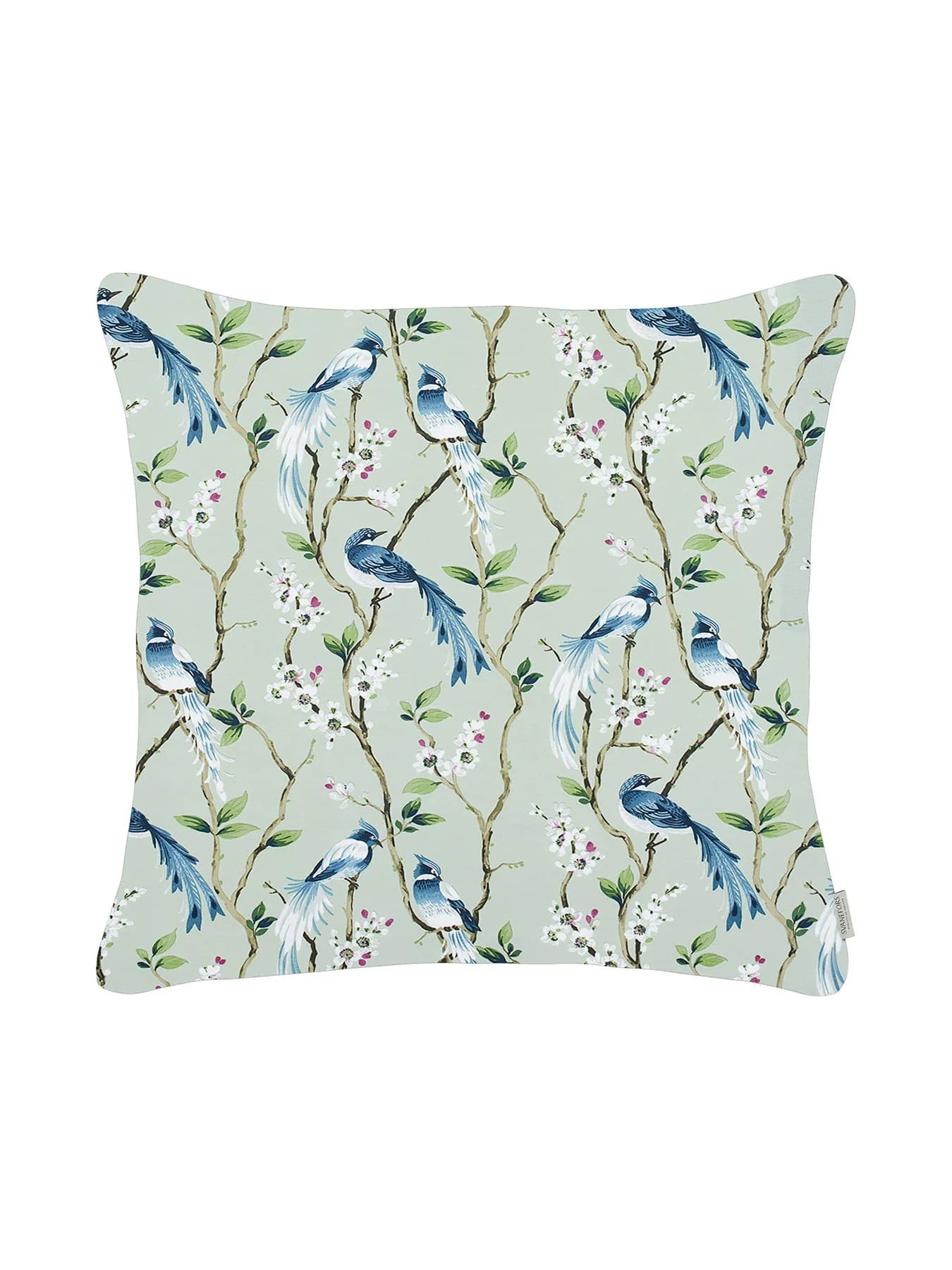 Svanefors pudebetræk m/blomster & fugle isblå 45x45 cm. -logo