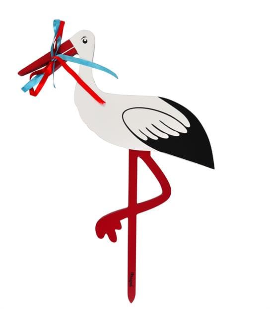 Magni - Fødselsstork Stor i træ m. Rødt og blåt bånd 80 cm-logo