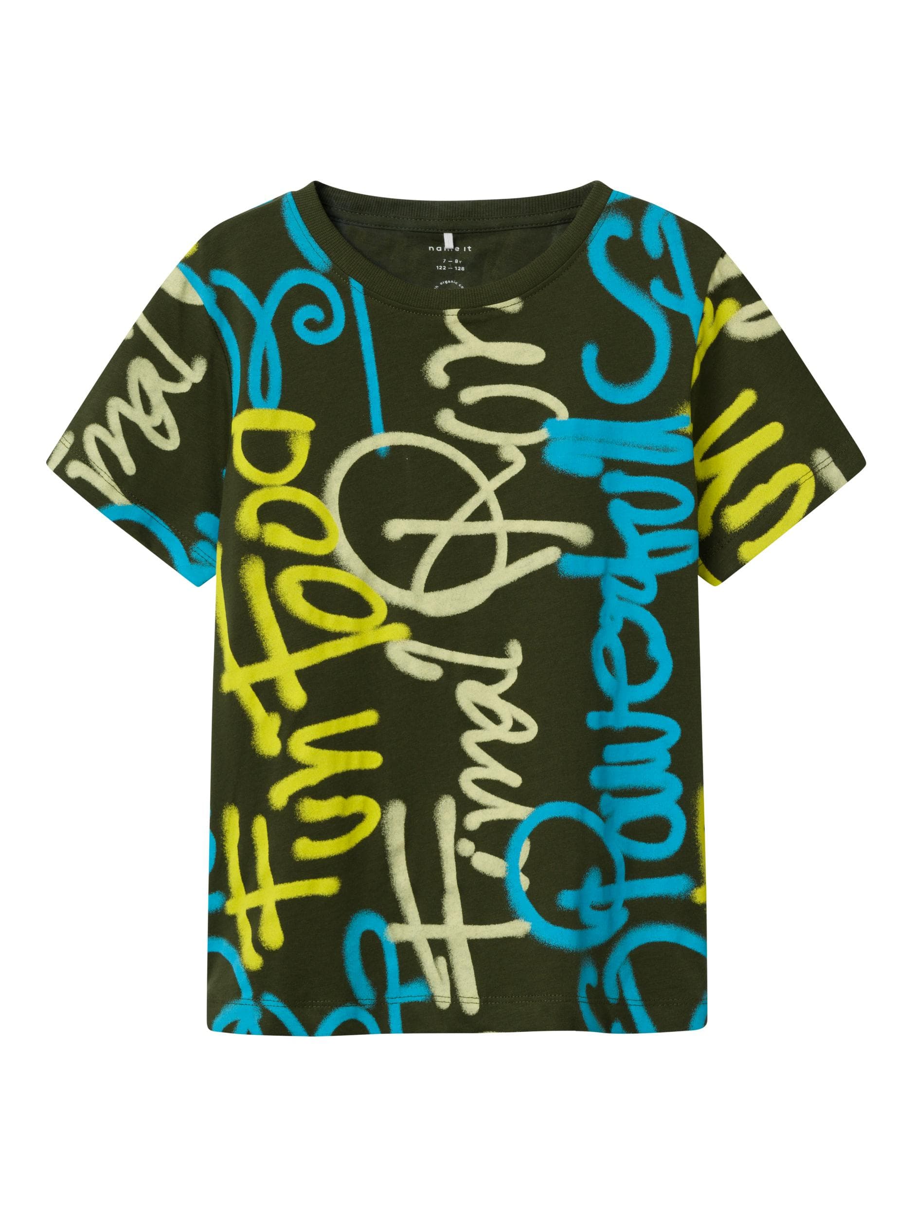 Name It - T-shirt m/ graffiti skrift mørkegrøn  134/140-logo