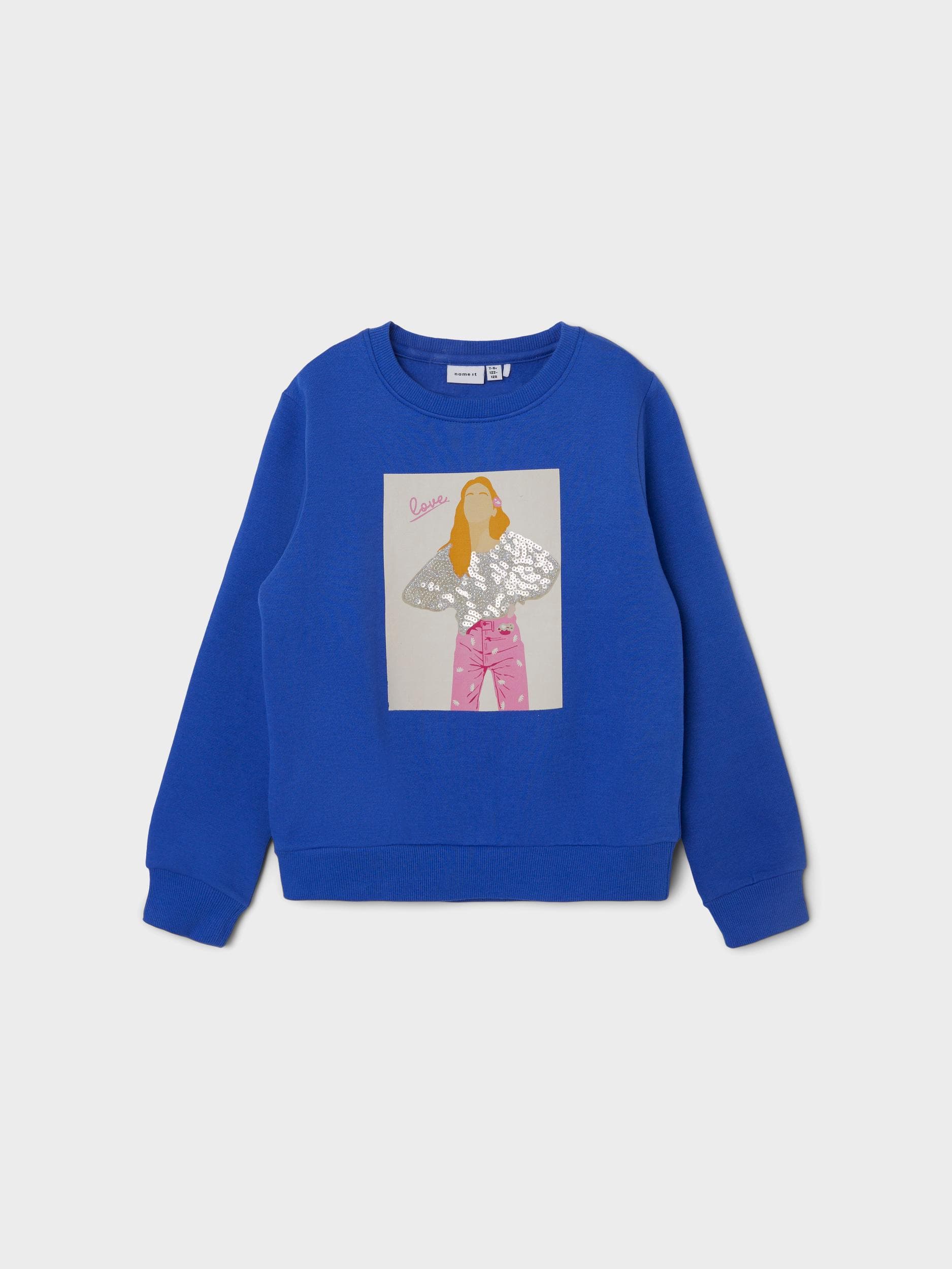 Name It - Sweatshirt blå m/print og pailletter 122/128-logo