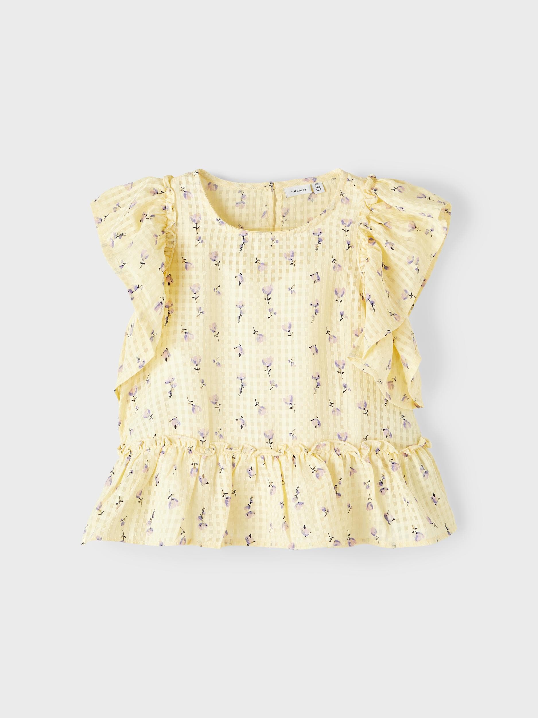 Name It - Kortærmet bluse m/ flæser blomster print gul 146/152-logo